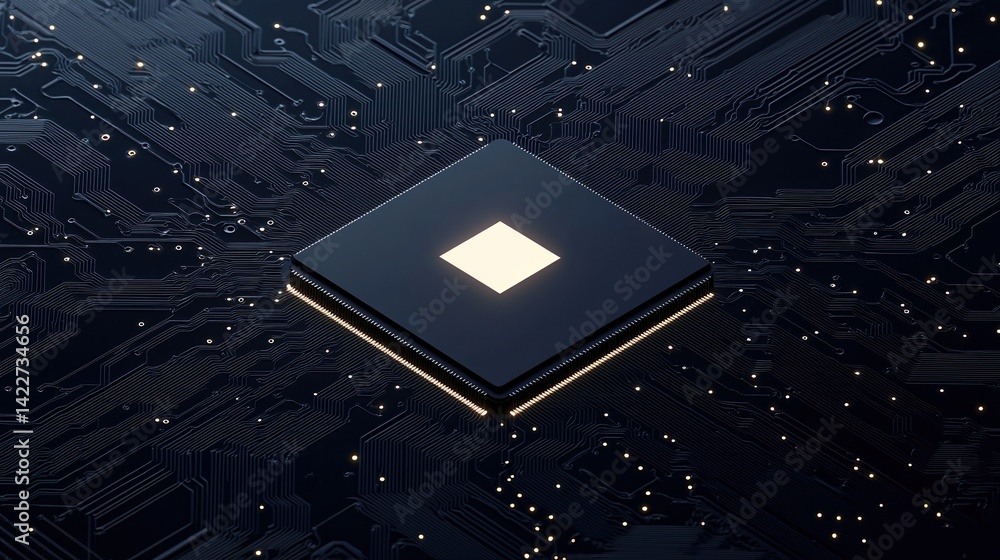 Poster a sleek microchip sits at the center of a complex circuit board, symbolizing advanced technology and