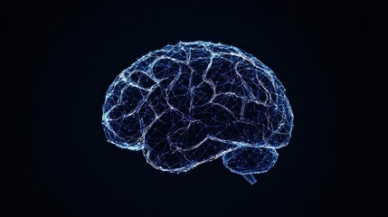 A digital representation of a brain, showcasing a network of connections in a futuristic, glowing design against a dark background.