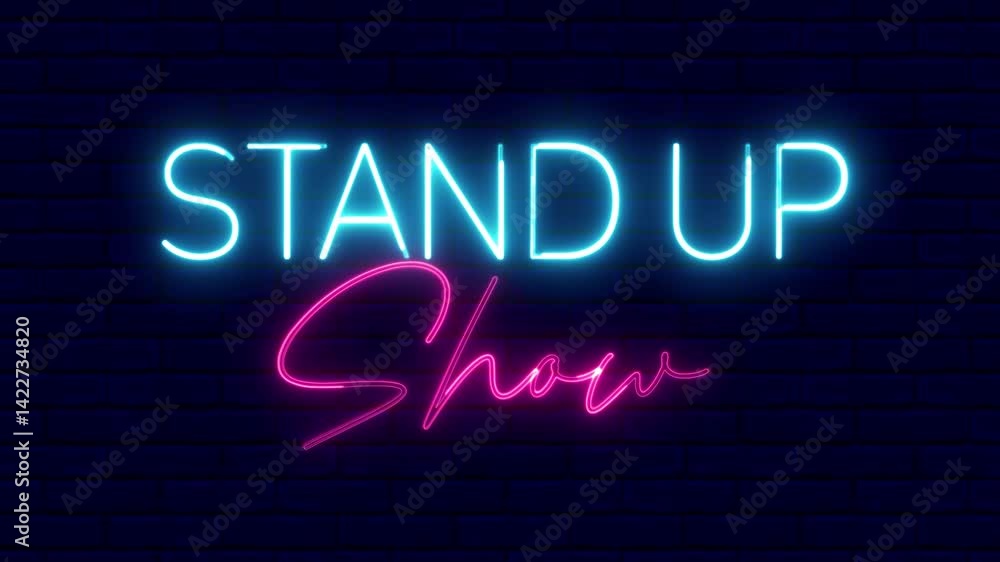 Poster stand up show neon sign. stand up show text font with neon light. luminous and shimmering haze insid