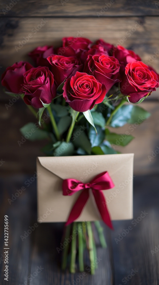 Poster a bouquet of red roses is placed in front of an envelope. the roses are arranged in a way that they 