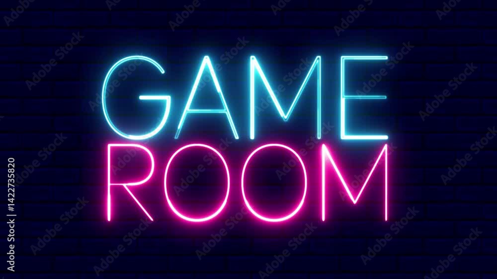 Poster game room neon sign. game room text font with neon light. luminous and shimmering haze inside the le
