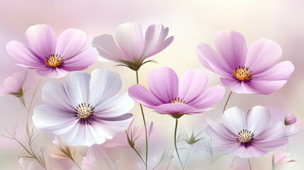 Obraz premium A painting of a bunch of flowers with a pink and white background. The flowers are arranged in a way that they look like they are in a field. The painting has a serene and peaceful mood