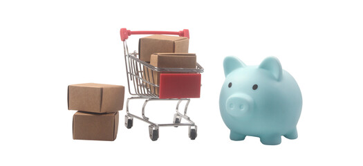 Shopping cart action with piggy bank savings indoor retail environment product display financial...