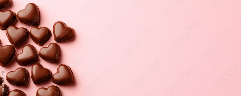 Poster a pink background with a bunch of chocolate hearts on it. the hearts are arranged in a way that they