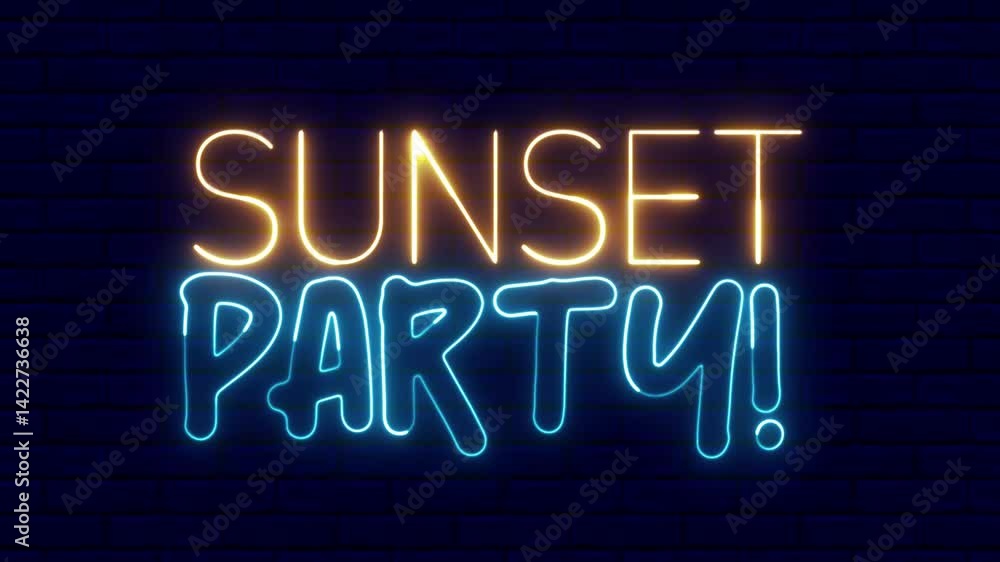 Poster sunset party text font with neon light. sunset party neon sign. luminous and shimmering haze inside 