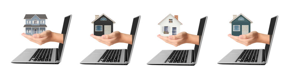 Real estate digital showcase home models on laptop online marketing virtual environment innovative...