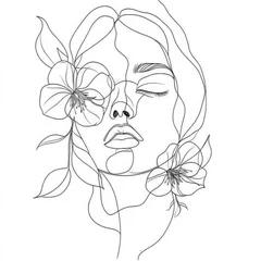 Poster Elegant continuous one line drawing of a woman’s face with floral and botanical elements