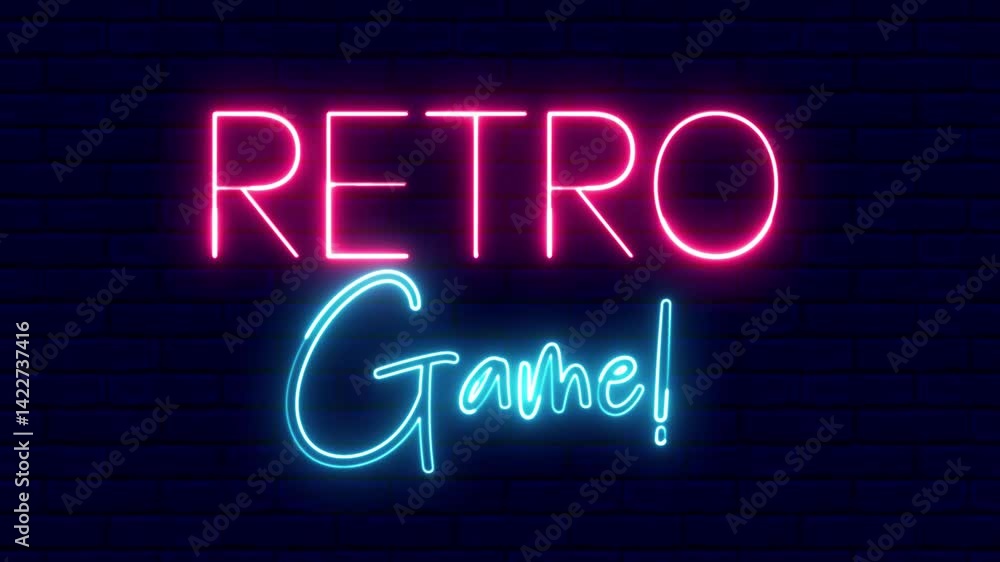 Poster retro game neon sign. retro game text font with neon light. luminous and shimmering haze inside the 