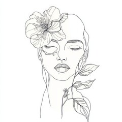 Elegant continuous one line drawing of a woman’s face with floral and botanical elements