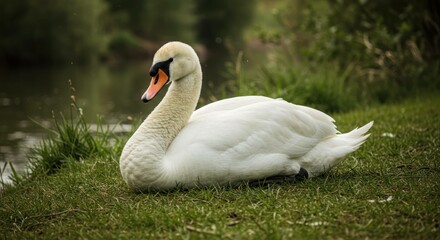 Obraz premium A graceful white swan rests on green grass near a tranquil body of water.