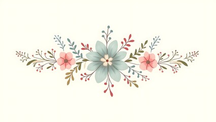 Fototapeta premium An ornate floral vector divider with a central blue flower surrounded by pink blossoms, leaves, and berries in a harmonious pastel color palette. Ideal for elegant headers, invitations, or decorative 