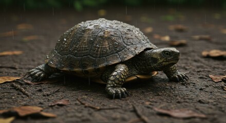 Close-up of a turtle crawling on wet ground in the rain.