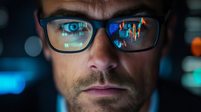 Man intensely focuses as stock market data reflects in glasses