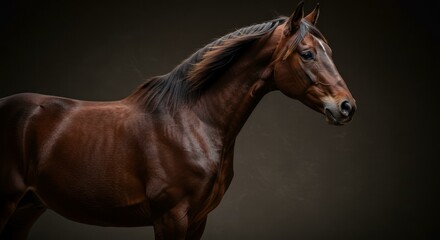 Fototapeta premium A majestic brown horse portrait on a dark background, exuding elegance.