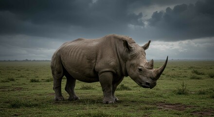Obraz premium A powerful rhino stands in a grassy field under a dramatic, cloudy sky.