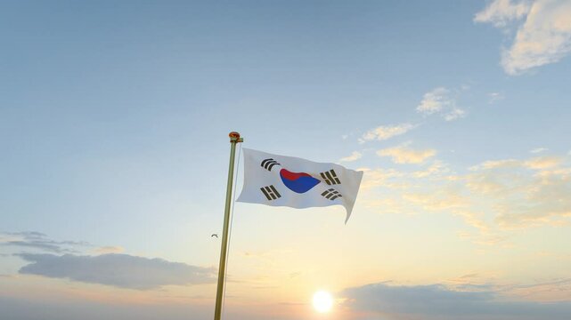South Korea Flag video. Flag of South korea waving in the wind, sky and sun background. Ultra Hd.	
