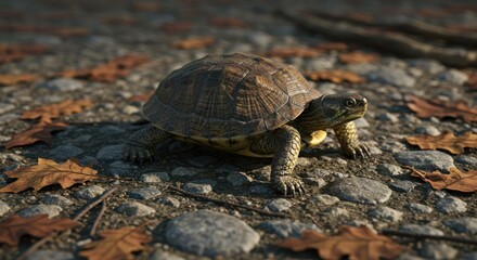 Fototapeta premium A realistic rendering of a box turtle on a gravel road surrounded by leaves.
