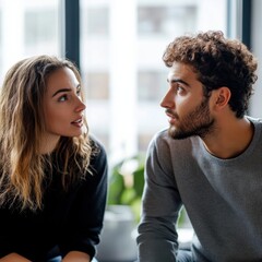 Fototapeta premium young man and woman talking having conversation 