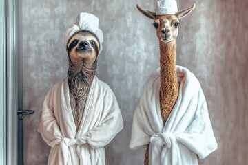 A sloth and a llama pose in spa robes, ready for their pampering session—unexpected guests in a luxury retreat.