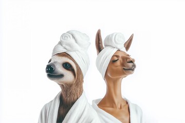 A sloth and a kangaroo enjoy a relaxing spa day, wrapped in white robes and towels—pure zen with a humorous twist.