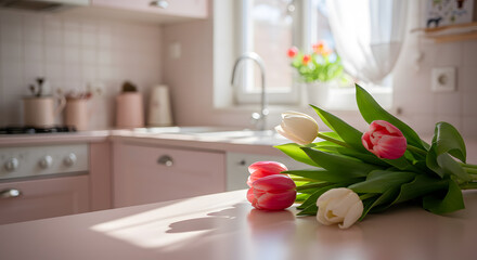 Sunlit Pink Kitchen Counter with Spring Tulip Bouquet