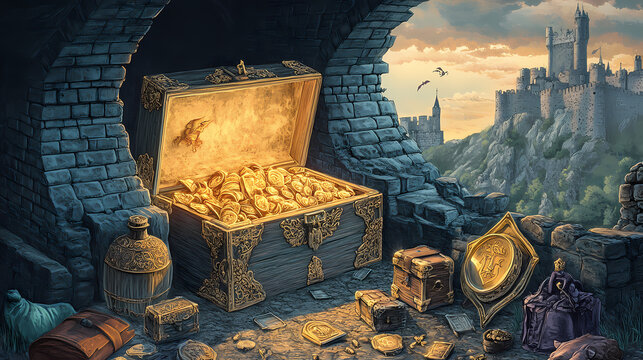 A secret dungeon hidden beneath a royal palace, filled with lost treasures and forgotten prisoners. Forgotten Keep. Illustration