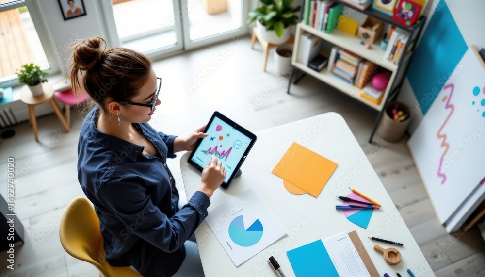 Aufkleber woman using digital tablet with charts and graphs in bright modern office for data analysis or creat