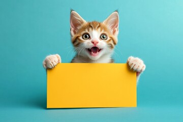 Poster mockup cat. Isolated feline infant on a solid apparel rblue background. &ETH;&iexcl;ute cat japanese bobtail hold in front paws a design draft - large yellow avenue sign. Promo shot of pet.