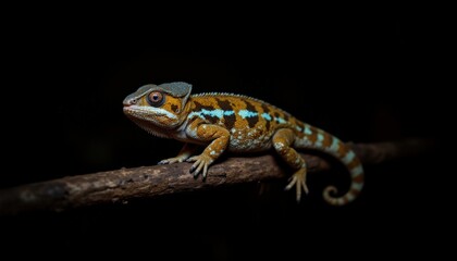 Obraz premium Close-up of a colorful lizard with detailed scales and vibrant markings resting on a thin branch against a dark background, showcasing its textured skin and natural environment