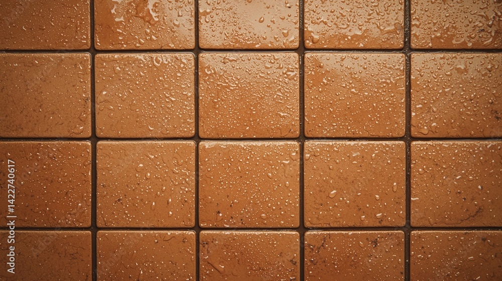 Poster a close-up view of wet, brown tiles, showcasing a textured surface with droplets, creating a visuall