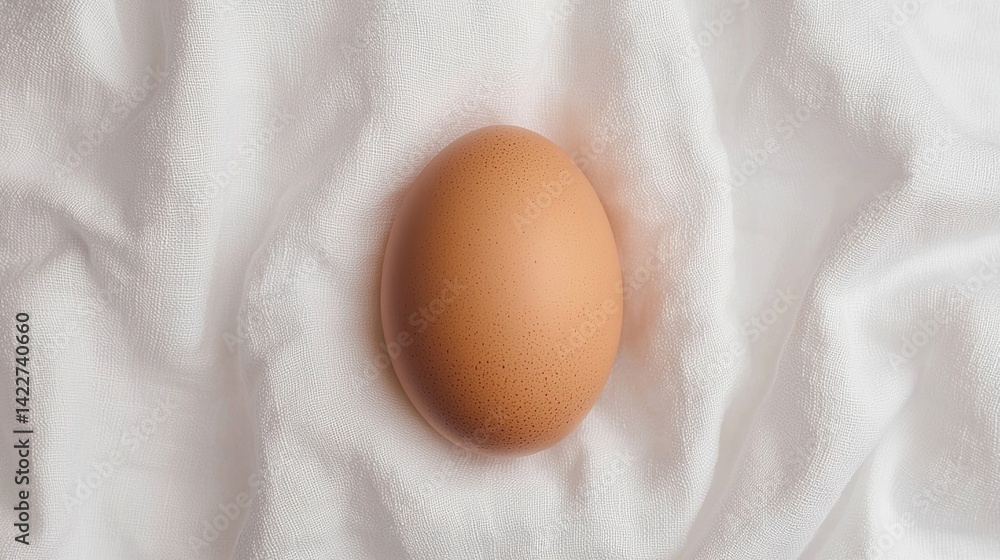 Poster a single brown egg rests on a textured white cloth, creating a simple and elegant visual composition