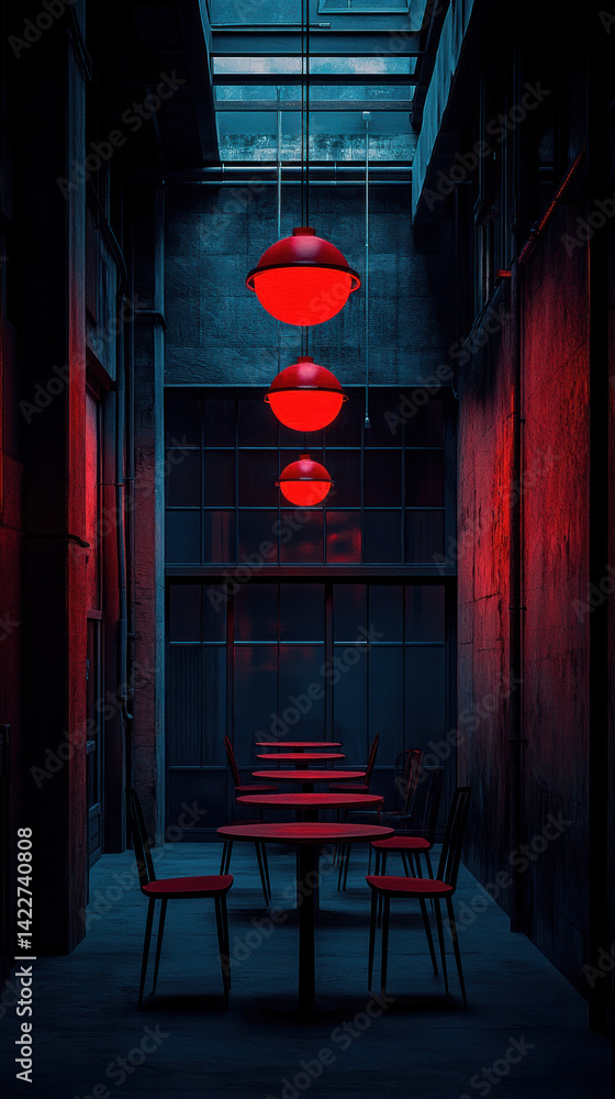 Poster a red lighted room with three red lights hanging from the ceiling. the room is empty and has a dark 