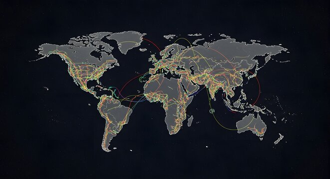 Fototapeta Global Network Map: Visualizing the Interconnected World's Communication Infrastructure