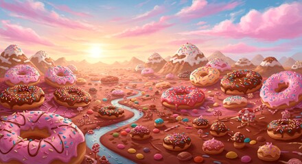 A whimsical landscape with donut mountains, candy ground, and a river under a pastel sky scape
