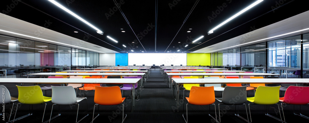 Poster a large room with many tables and chairs in various colors. the chairs are arranged in rows and the 