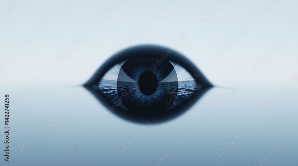 Poster a surreal image depicting a large eye reflecting a serene landscape, blending elements of nature and