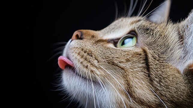 A close-up image of a cat with striking green eyes, a prominent nose, and a tongue sticking out, against a dark background.