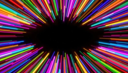 Vibrant multicolored light streaks radiate outward creating a dynamic abstract background with vivid neon hues and a central black void for digital art design