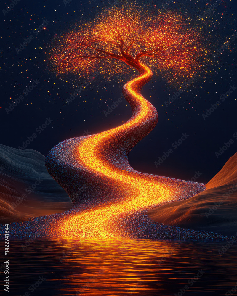Poster a tree with a long trunk and branches that is surrounded by water. the water is orange and the tree 