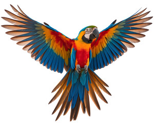 Fototapeta premium Colorful parrot mid-flight wings fully extended showcasing vibrant blue yellow and red plumage against a clean white background.