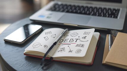 Obraz premium Laptop phone and notebook displaying DEBT with doodles on a round table suggesting financial planning.