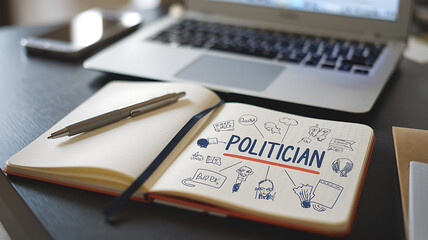 Open notebook displaying the word POLITICIAN with related doodles a pen laptop and smartphone on a desk.