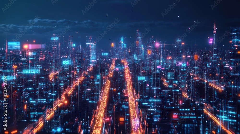 Poster digital metropolis at twilight: an abstract representation of a futuristic cityscape