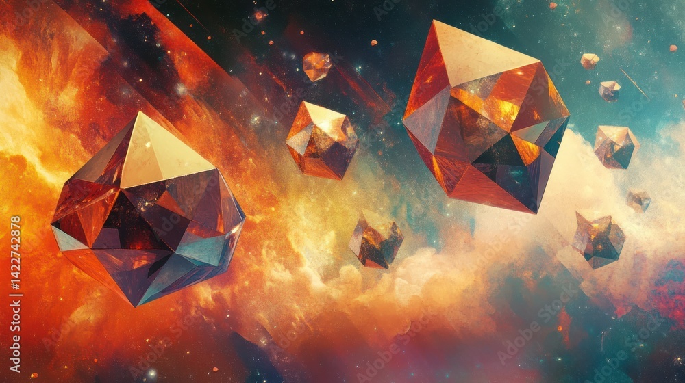 Aufkleber geometric cosmic event of multifaceted objects drifting through nebulous clouds