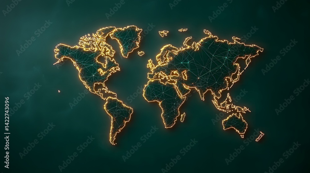 Aufkleber the image contains a glowing, wireframe-style map of the world set against a dark teal background.