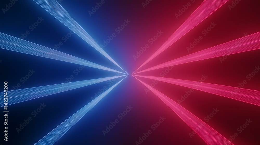 Poster the image contains several bright blue and pink laser beams emanating from a central point, creating