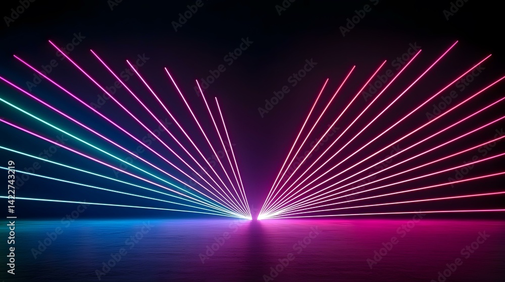 Poster vibrant pink and teal neon laser lines converge at a central point on a reflective surface, creating