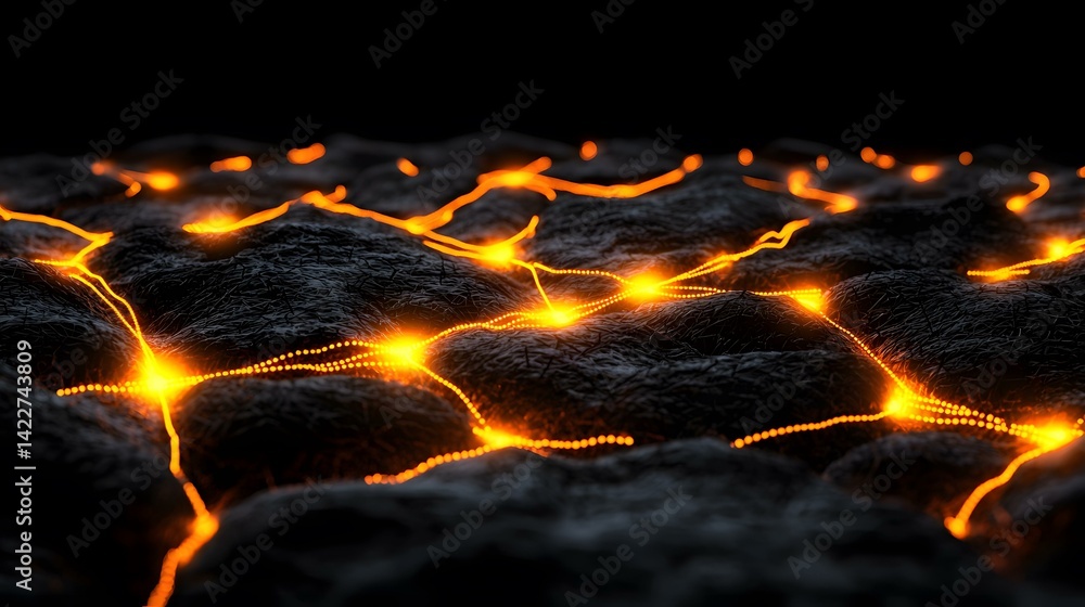 Poster the image shows a dark, textured surface resembling volcanic rock, with glowing orange lines resembl