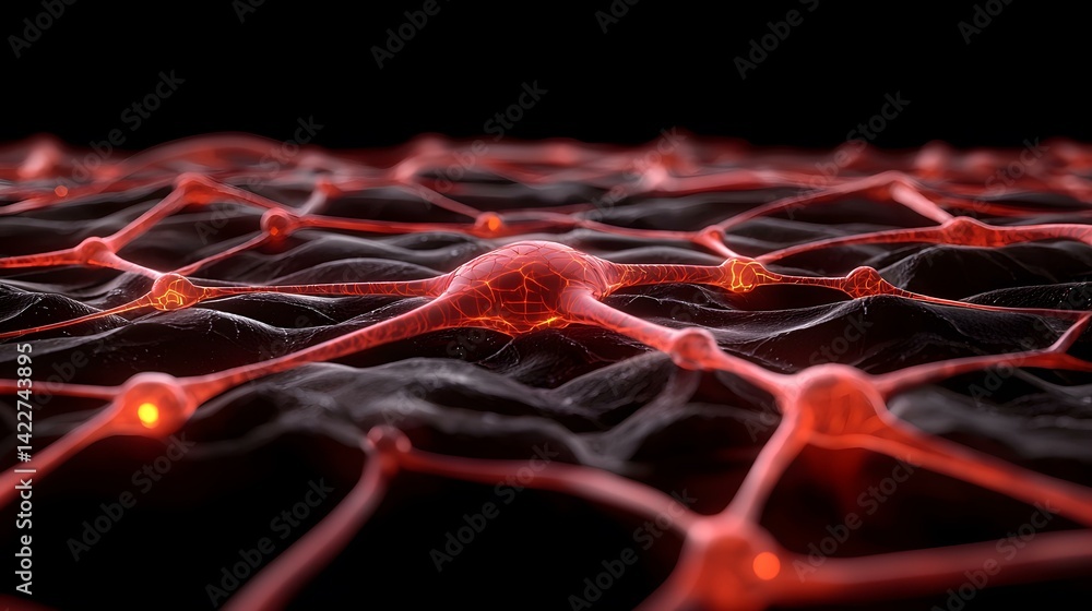 Poster the image shows a stylized rendering of a neural network, with glowing red nodes and connections aga