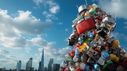 Obraz premium Giant Robot Sculpture Made From Recycled Materials Against City Skyline Background